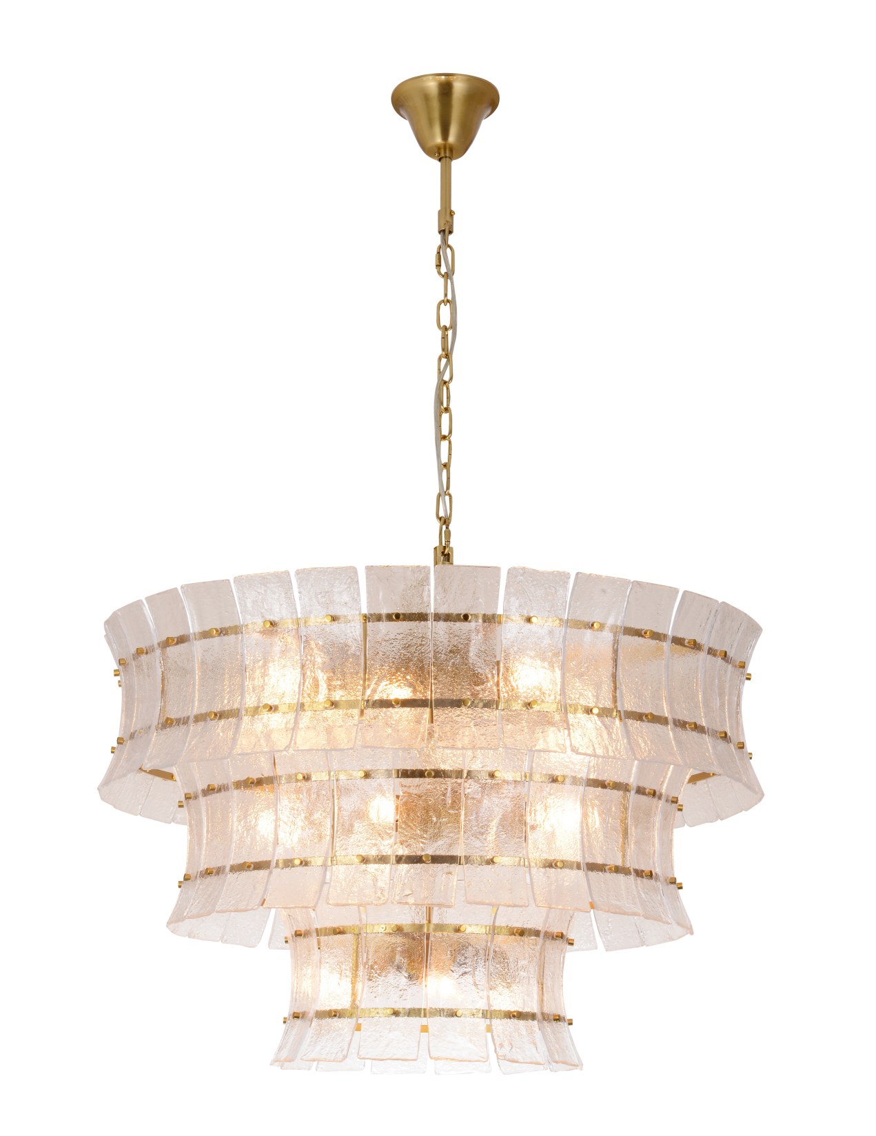 Chandelier ແກ້ວທອງເຫລືອງທີ່ເຮັດດ້ວຍໄມ້ຄ້ອນສາມຊັ້ນ